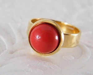 Natural Red Coral Ring 18k Gold Plated Handmade Gemstone Gift Ring Wedding Ring - Picture 1 of 9