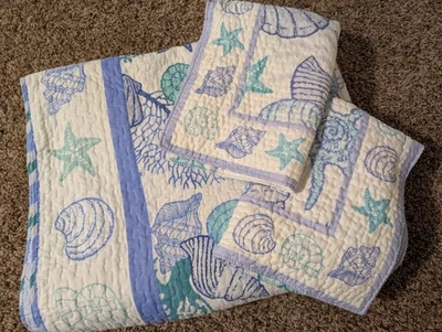 Queen Sized Beach Theme Shells Starfish Quilted Comforter With Two Pillow Cover - Image 1 of 3
