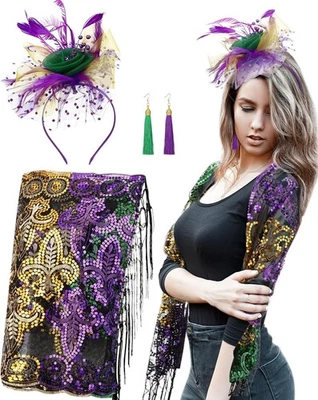 Unittype 4 Pcs Mardi Gras Accessories Shawl Purple, Green, Gold  - Image 1 of 4