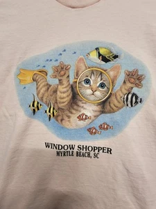 VTG Scuba Kitty Window Shopper Humor T-Shirt XL 22x29 Pink Myrtle Beach - Picture 1 of 6