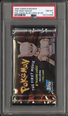 PSA 8 = 1999 TOPS THE FIRST POKEMON MOVIE-FOIL PACK- BLUE LOGO = DIFF NUMBERS - Image 1 of 4