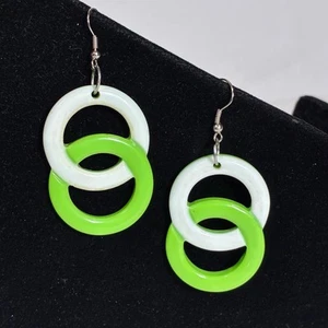 Green and White Vintage Earrings Plastic Neon 1980s Retro Hook Neon Colorful - Picture 1 of 5