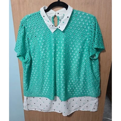 ELLE Size XXL Ladies Layer Green Lace Polka Dot Blouse Short Sleeve White Collar - Imagem 1 de 4