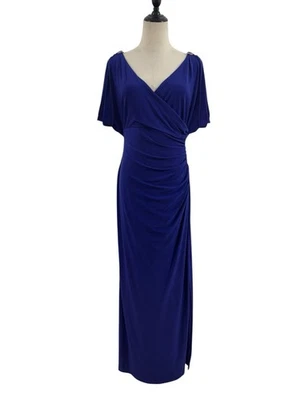 Lauren Ralph Lauren Evening Dress Royal Blue Jersey Draped Gown Grecian Sz 12p - Image 1 of 4