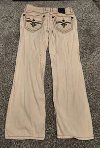 ROCK REVIVAL KHAKI SZ 31 30 STRAIGHT EMBROIDERED BUTTON PKTS JEANS EUC  - Picture 1 of 4
