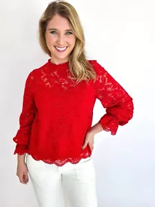 Vine & Love Women’s Blouse Size L Red Lace Topped Shirt Balloon Sleeves NWT - Picture 1 of 11