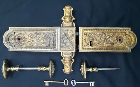 Rare 1800s Ornate Solid Brass Griffin Design Double Door Rim Lock Set with Keys Cover