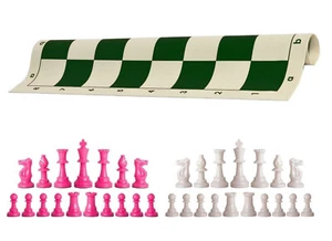 Piezas de ajedrez rosa y blanco tablero de vinilo verde de 20" - juego de ajedrez de triple peso - Imagen 1 de 4