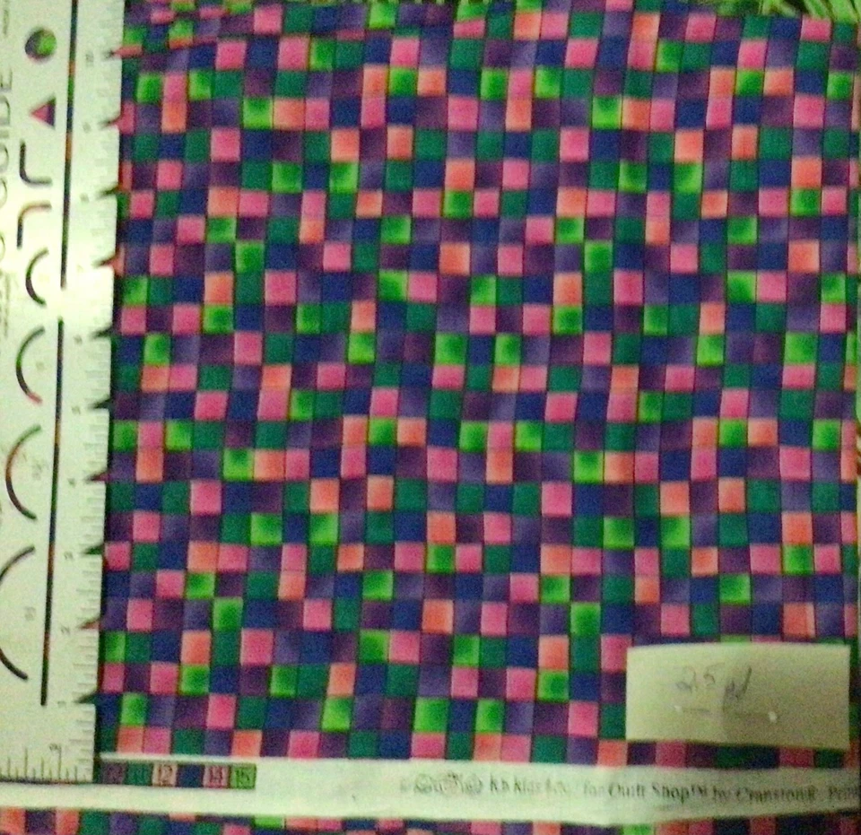 KP Kids Kari Pearson Pink Purple Green squares Cotton Fabric 2.5 Yards - Image 1 of 1