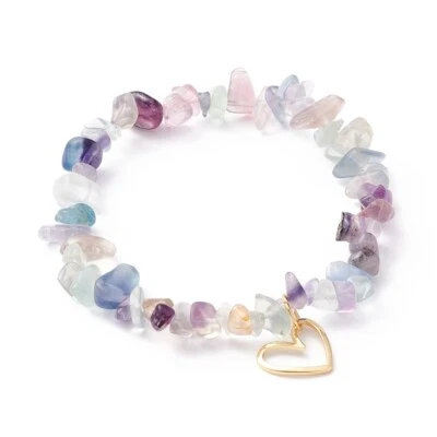 Natural Fluorite Chip Bracelet with Heart Charm Elegant Gemstone Stretch Jewelry - Image 1 of 4