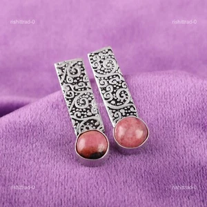 925 Sterling Silver Black Rhodonite Stone Dangling Channel Set Earrings Jewelry - Picture 1 of 1