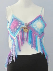 New Handmade Crochet Blue Size S Sleeveless Fringes V-Neck Boho Blouse Tops - Picture 1 of 7