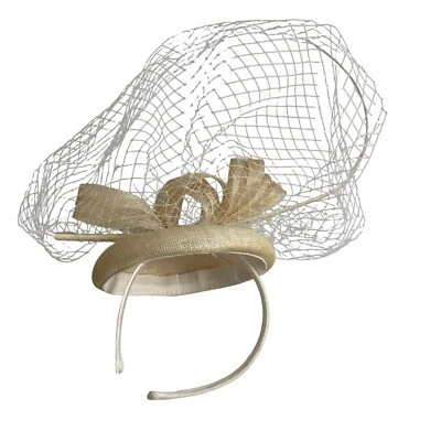 Gold looped Net & feather Headband Fascinator Weddings Ascot Tan Hair Band - Image 1 of 4