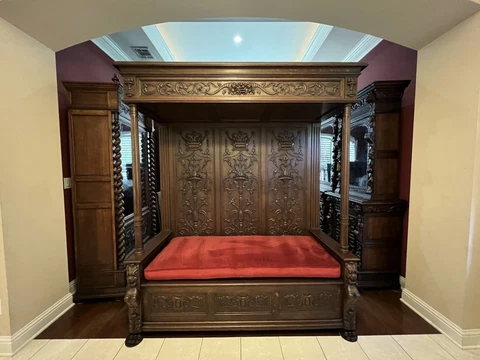 Antique French Canopy Hall Bench Large Renaissance Cathedral Carved Oak c1860 Cover