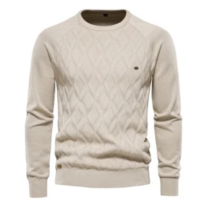 Argyle Basic Men Sweaters Solid Color O-neck Long sleeve Knitted Male Pullover - Picture 1 of 16