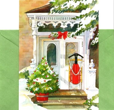 Red Sled Sledding Welcoming Front Door Holiday Greeting Cards - Set of 40 - Image 1 of 3