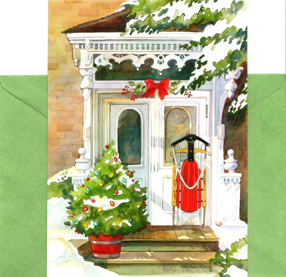 Red Sled Sledding Welcoming Front Door Holiday Greeting Cards - Set of 40 - Image 1 of 3