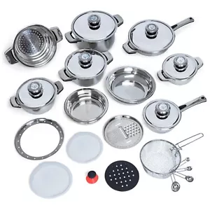 28 PIECE COOKWARE SET 12-ELEMENT HEAVY-GAUGE STAINLESS STEEL WATERLESS SET -BF28 - Picture 1 of 9