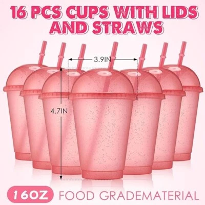16 Pcs 16 oz Plastic Reusable Cups with Lids and Straws Bulk Plastic Tumbler - Image 1 of 2