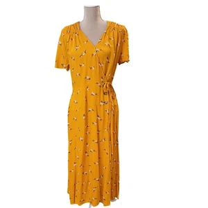 A Loves A gelbes geblümtes Wickel Midi Kleid Kurzarm Bindeband Taille Größe L - Bild 1 von 11
