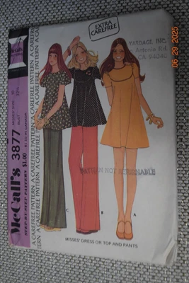 McCall's Pattern 3877 Misses Dress Top Pants Boho Hippie Sz 10 B32.5 Uncut - Image 1 of 2