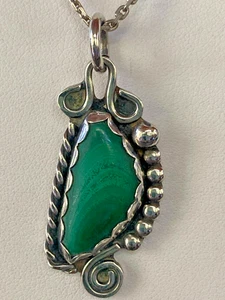 Native American Signed Sterling Silver Malachite Pendant Necklace 16" Box Chain - Picture 1 of 11