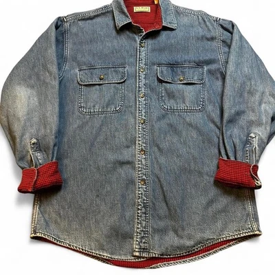 Vintage L.L. Bean red plaid lined denim button shirt shacket size medium - Image 1 of 4