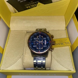 NEW Invicta Aviator Men's18K Rose Gold Plated Blue Dial Tachy S.S Chrono Watch - Picture 1 of 8