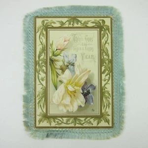 Tarjeta Victoriana XL Año Nuevo Flores Azul Seda Flecos Doble Cara Antigua 1886 - Imagen 1 de 14