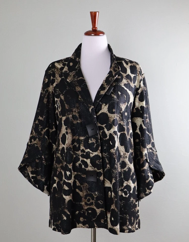 Chaqueta Top Manga Pétalos Cuello Estampado Brillo Leopardo ALI MILES $104 Talla 1X Foto 1 de 4