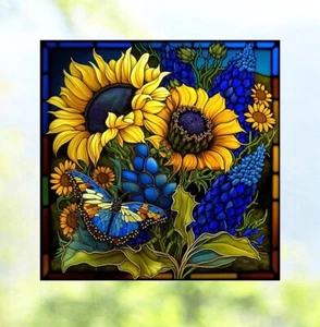 Sonnenblumen Schmetterling Faux Buntglas FENSTER KLAMMER Größe 8" Vinyl - Bild 1 von 1
