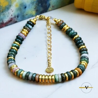 BRACCIALE DONNA CON PIETRE DURE NATURALI AGATE INDIANA E  ACCIAIO INOSSIDABILE - Immagine 1 di 4