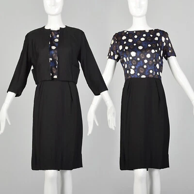 L 1960s Black Dress Set Matching Crop Jacket Patch Pockets Pencil Skirt 60s VTG - Image 1 of 4