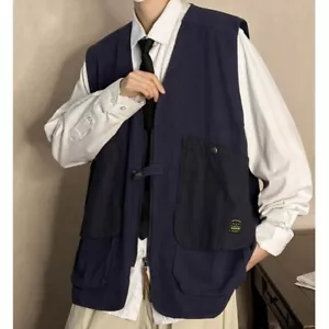 Unisex Men Cargo Vest Pockets Waistcoat Sleeveless Jacket V-neck Retro Gilet - Picture 1 of 12