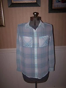 DECREE Woman's :Long Sleeve Blue/Gray Blouse Size S chiffon stripes very sexy - Picture 1 of 8