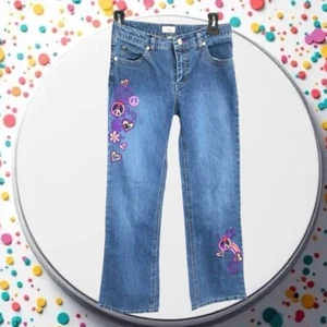 Circo Vintage Bootcut Multicolor Stitched Hearts, Flowers, Peace Jeans Girls 12 - Picture 1 of 8