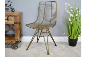 6 Dining Chairs Gold set of 6 Metal Aged Gold Industrial Wired Contemporary NEW - Picture 1 of 6