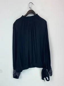 Next Black Blouse High Neck Long Sleeve Cuff Detail Tie Hem Top Size 16 - Picture 1 of 9