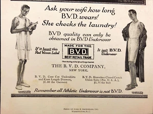 1919 BVD Underwear Original Antique Print Ad Ask Your Wife How Long BVD Wears! - Picture 1 of 3