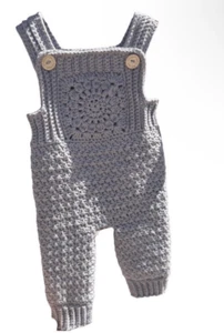 Handmade Crocheted Long Grey Baby Overalls Size 0-3 Months - Picture 1 of 2