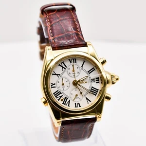 Croton Men's Sapphire Crystal Gold Tone Wristwatch w Brown Leather Band - Picture 1 of 12