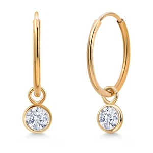 14K Yellow Gold Zirconia Dangle Drop Endless Hoop Huggie Small Earrings For - Picture 1 of 4