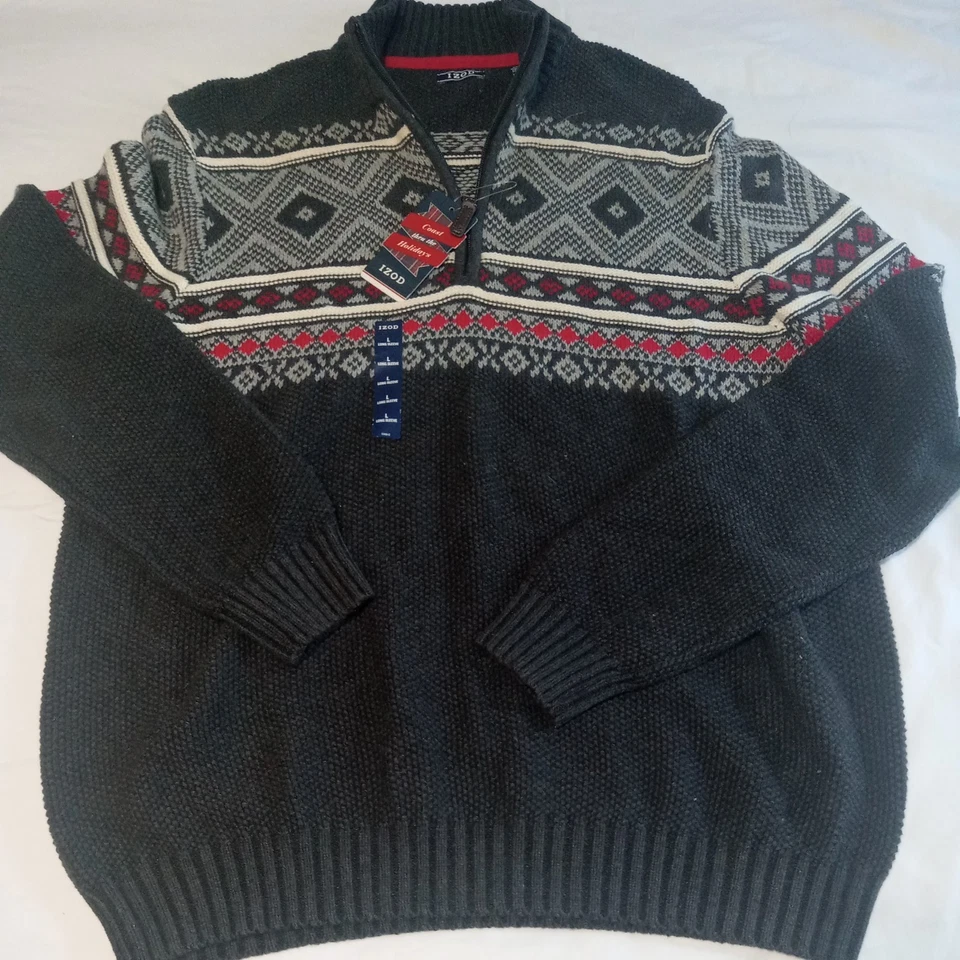 Suéter IZOD 1/4 Cremallera Fair Isle Multi Gris Vacaciones Esquí Lodge Diseño Nórdico Foto 1 de 4