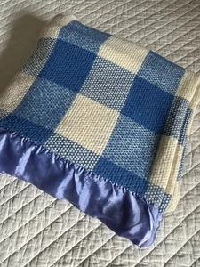 Vtg Fieldcrest Royal Velvet Blanket Blue White Gingham Check Waffle Weave 62x90 - Picture 1 of 5