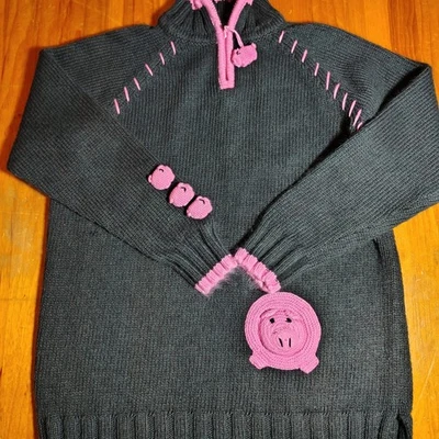 The Quacker Factory Pullover Sweater Knit Gray Pink Pig Decor Size Small - Image 1 of 4