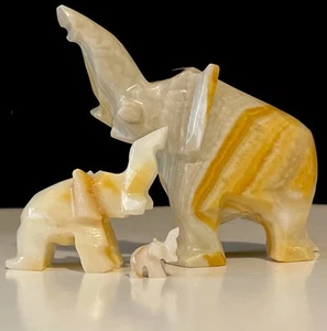 Vintage Miret’s Elephant Onyx Trunk Up Figurines Tusks Set Of 3 Mexico Rare - Picture 1 of 15