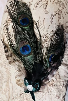 handmade game bird feather pin With Ribbon And Peacock Feather Pin - Image 1 of 2