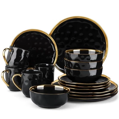 Black and Gold Dishes Sets, Stoneware Dinnerware Sets for 4, 16 Piece Plates ... - Image 1 of 4