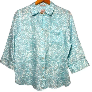 CHICO’S | Sky Blue 100% Linen No Iron FreshChic Patterned Button Down Top size L - Picture 1 of 12