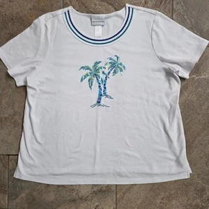 Alfred Dunner White Tee Green and Blue Palm Sequin Design Vacation Women XL - Picture 1 of 10